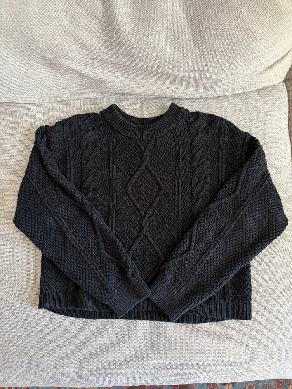Quince - 100% Organic Cotton Cropped Cable Crew Sweater - Large - Black